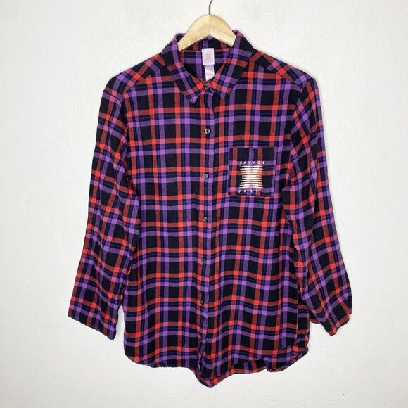 Savage X Fenty Other - Savage Fenty Night Star Chaser Flannel Sleep Top‎ Red Purple Black Women’s 8-10